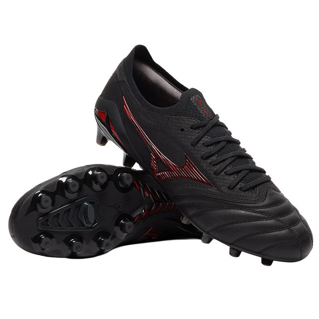 A pair of Mizuno Morelia Neo IV Beta FG Made in Japan soccer cleats in Black/Morelia 40th Anniversary Red; one shoe is upright, the other on its side, showing the studded sole and premium kangaroo leather upper.