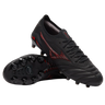 A pair of Mizuno Morelia Neo IV Beta FG Made in Japan soccer cleats in Black/Morelia 40th Anniversary Red; one shoe is upright, the other on its side, showing the studded sole and premium kangaroo leather upper.