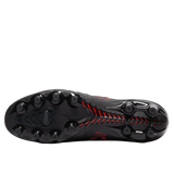 Bottom view of the Mizuno Morelia Neo IV Beta FG Made in Japan rugby boots in Black/Morelia 40th Anniversary Red, featuring molded studs and textured patterns for superior traction.