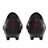 A pair of black Mizuno Morelia Neo IV Beta FG Made in Japan soccer cleats—40th Anniversary edition—crafted from premium kangaroo leather, shown from the back with "MORELIA NEO" in red on each heel.