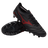 A pair of Mizuno Morelia Neo IV Beta Elite FG football boots in Black/Morelia 40th Red/Black, one upright and one showing the molded studded sole.