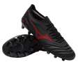 A pair of Mizuno Morelia Neo IV Beta Elite FG football boots in Black/Morelia 40th Red/Black, one upright and one showing the molded studded sole.