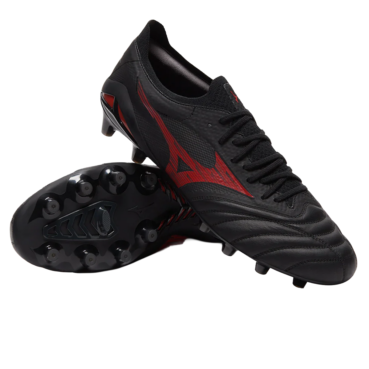 A pair of Mizuno Morelia Neo IV Beta Elite FG football boots in Black/Morelia 40th Red/Black, one upright and one showing the molded studded sole.