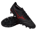 A pair of Mizuno Morelia Neo IV Beta Elite FG football boots in Black/Morelia 40th Red/Black, one upright and one showing the molded studded sole.