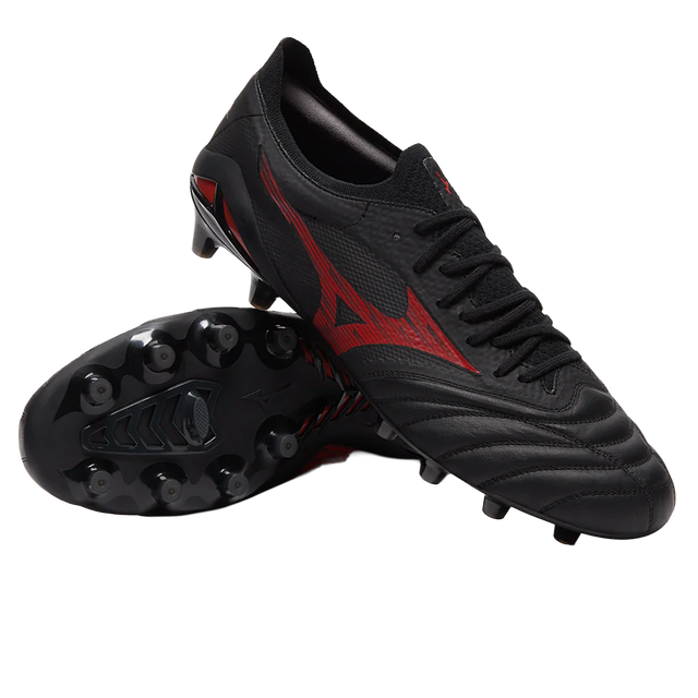 A pair of Mizuno Morelia Neo IV Beta Elite FG football boots in Black/Morelia 40th Red/Black, one upright and one showing the molded studded sole.