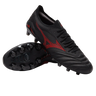 A pair of Mizuno Morelia Neo IV Beta Elite FG football boots in Black/Morelia 40th Red/Black, one upright and one showing the molded studded sole.