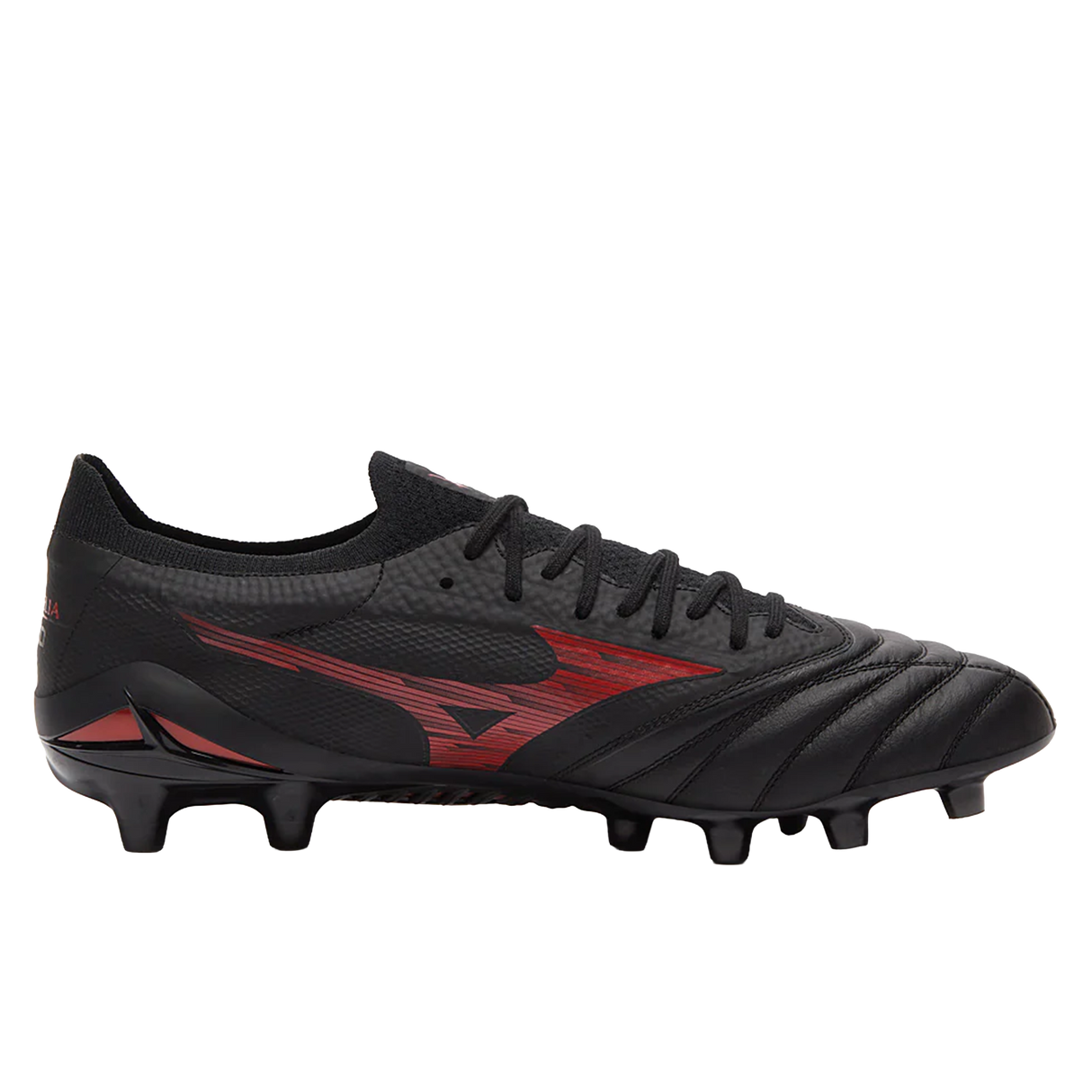 The Mizuno Morelia Neo IV Beta Elite FG in Black/Morelia 40th Red/Black features premium kangaroo leather, stitched detailing, textured surface, and molded studs for firm ground traction.