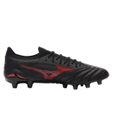 The Mizuno Morelia Neo IV Beta Elite FG in Black/Morelia 40th Red/Black features premium kangaroo leather, stitched detailing, textured surface, and molded studs for firm ground traction.