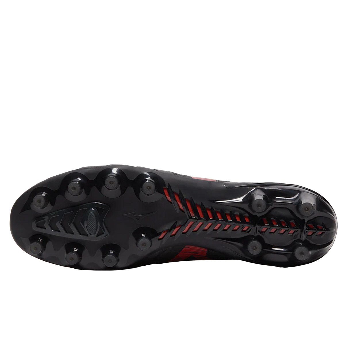 Bottom view of the Mizuno Morelia Neo IV Beta Elite FG in Black/Morelia 40th Red/Black, featuring round sole studs for traction and premium kangaroo leather craftsmanship.