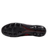 Bottom view of the Mizuno Morelia Neo IV Beta Elite FG in Black/Morelia 40th Red/Black, featuring round sole studs for traction and premium kangaroo leather craftsmanship.