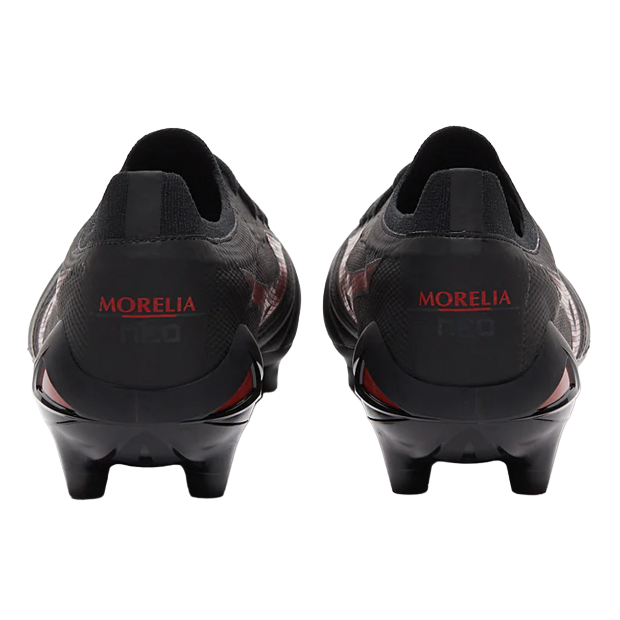 Rear view of Mizuno Morelia Neo IV Beta Elite FG football boots in Black/Morelia 40th Red/Black, crafted from premium kangaroo leather with molded studs, shown on a white background.