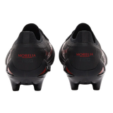Rear view of Mizuno Morelia Neo IV Beta Elite FG football boots in Black/Morelia 40th Red/Black, crafted from premium kangaroo leather with molded studs, shown on a white background.