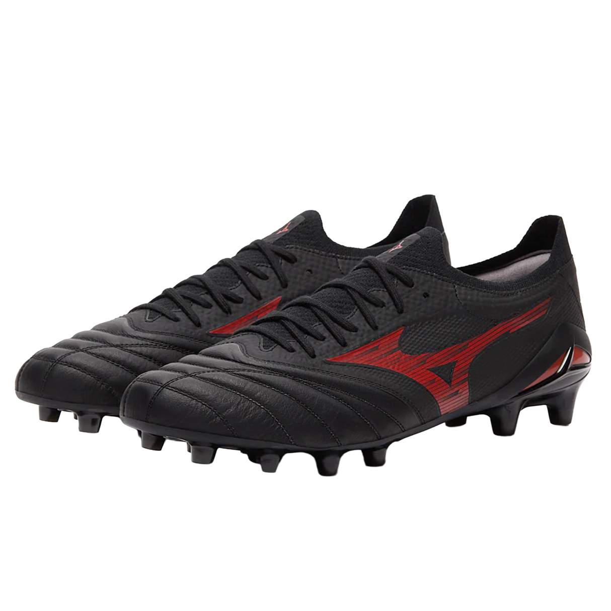 A pair of Mizuno Morelia Neo IV Beta Elite FG football boots in Black/Morelia 40th Red/Black, made from premium kangaroo leather with molded studs, displayed side by side on a white background.
