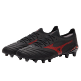A pair of Mizuno Morelia Neo IV Beta Elite FG football boots in Black/Morelia 40th Red/Black, made from premium kangaroo leather with molded studs, displayed side by side on a white background.
