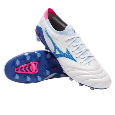 A pair of Mizuno Morelia Neo IV Beta Elite FG boots in White/Tanager Turquoise/Pink Tetra, one shown from the side and the other displaying the blue and pink studded sole.