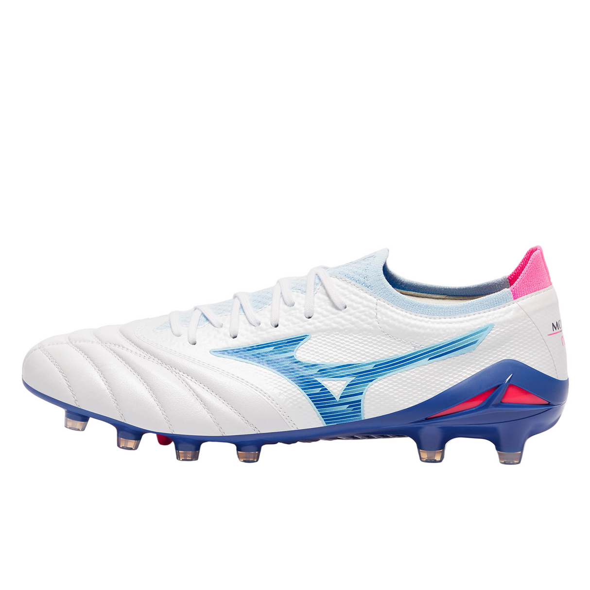 The Mizuno Morelia Neo IV Beta Elite FG in White/Tanager Turquoise/Pink Tetra features molded studs, premium kangaroo leather, and a bold turquoise logo on the side.
