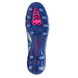 The image shows the bottom view of a Mizuno Morelia Neo IV Beta Elite FG football boot in White/Tanager Turquoise/Pink Tetra, featuring multiple studs and pink accents on the sole.
