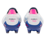 Rear view of two Mizuno Morelia Neo IV Beta Elite FG boots in white kangaroo leather with tanager turquoise soles, pink tetra accents, and "MORELIA NEO" branding on the heels.