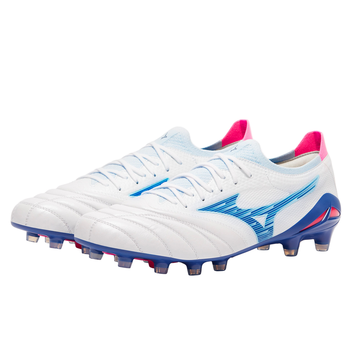 The Mizuno Morelia Neo IV Beta Elite FG soccer cleats in White/Tanager Turquoise/Pink Tetra feature premium kangaroo leather, molded studs, and a textured upper for firm ground, shown on a white background.
