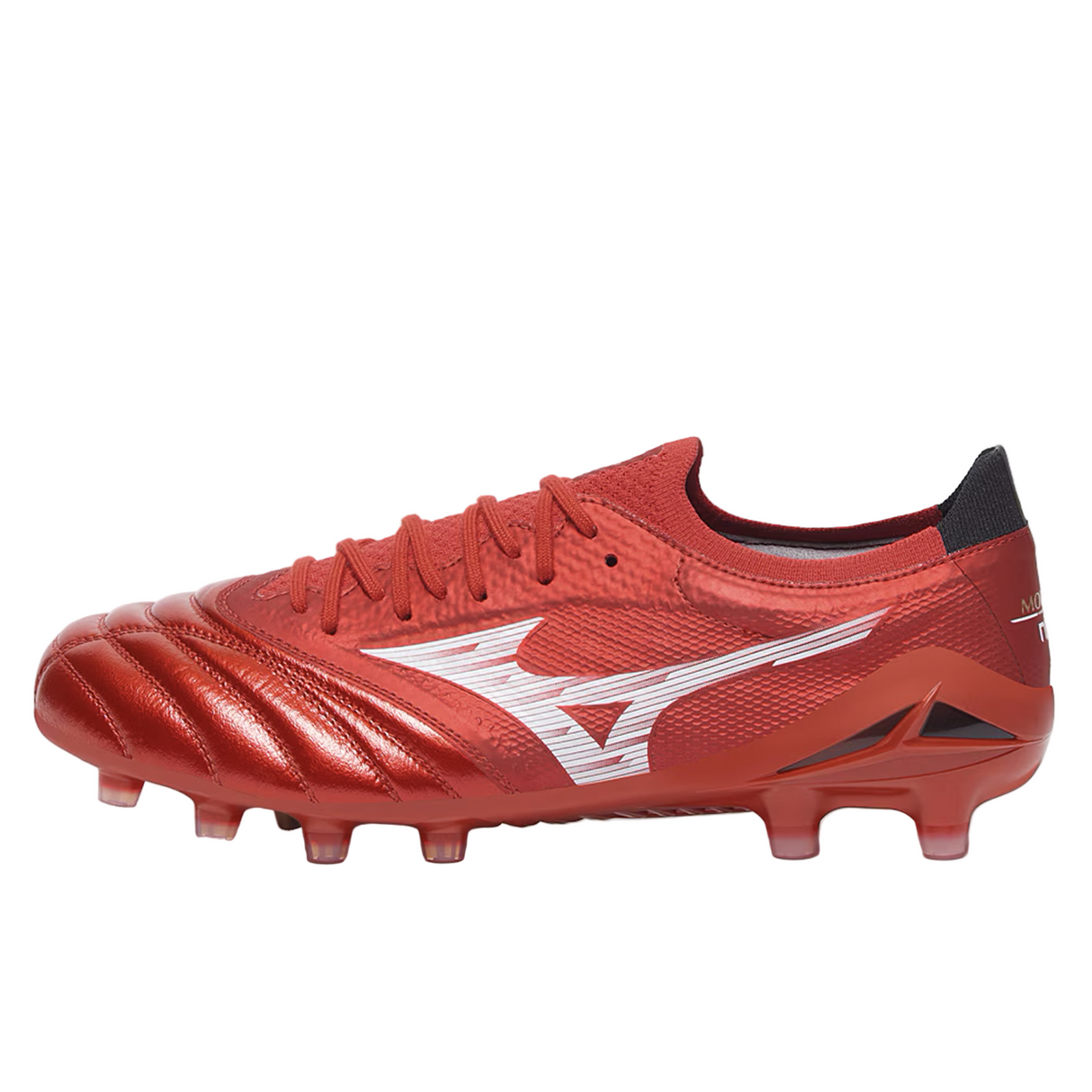 The Mizuno Morelia Neo IV Beta Elite FG 40th Anniversary soccer boot in red/white/black, shown in a side profile on a white background, features premium kangaroo leather and firm ground studs.