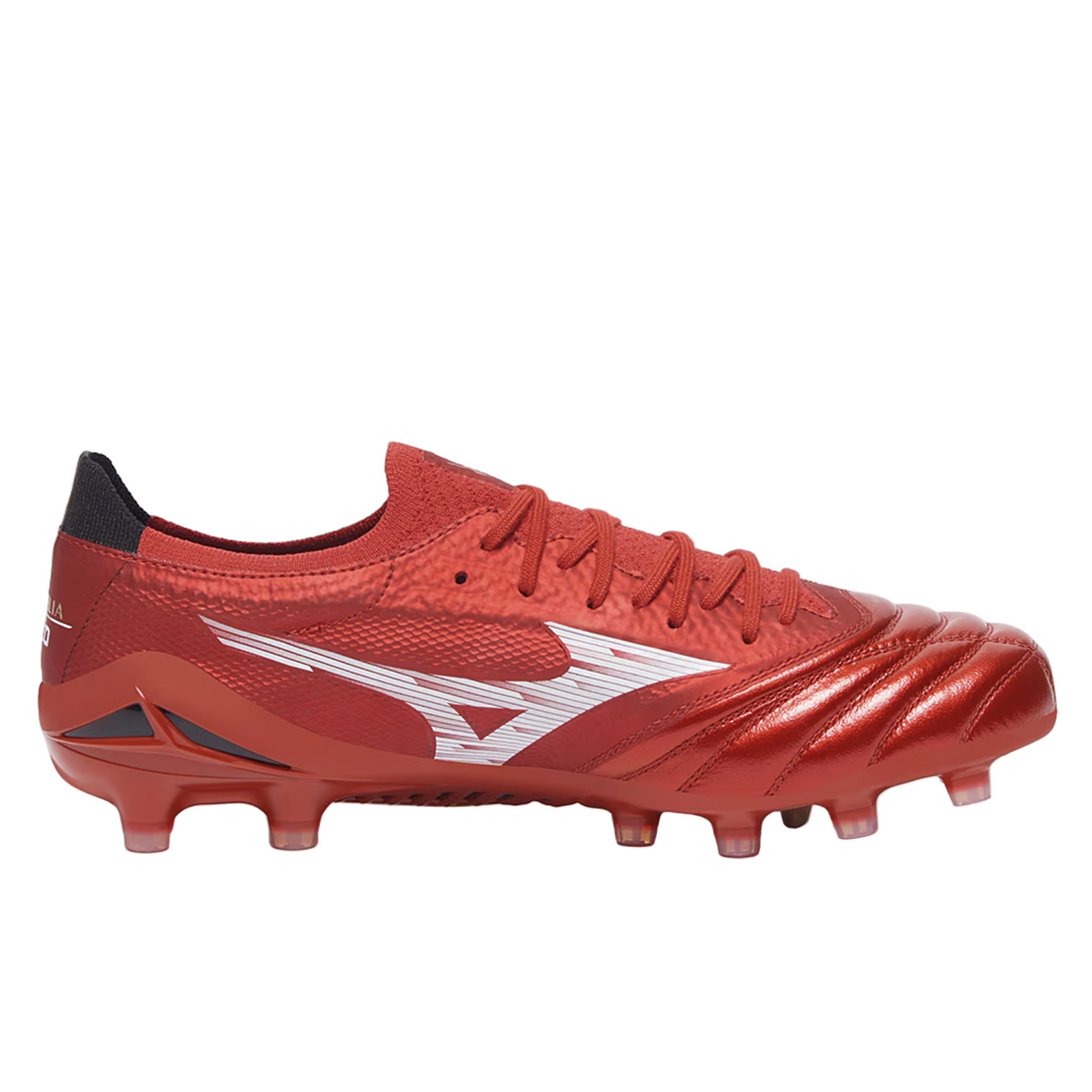 The Mizuno Morelia Neo IV Beta Elite FG - Morelia 40th Anniversary in Red/White/Black is a premium soccer cleat crafted from supple kangaroo leather, featuring a lace-up design and molded studs for firm ground play.