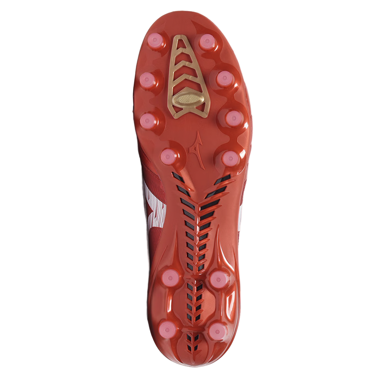 Bottom view of the Mizuno Morelia Neo IV Beta Elite FG 40th Anniversary boot in red/white/black, featuring twelve studs and a patterned sole—ideal for firm ground play.