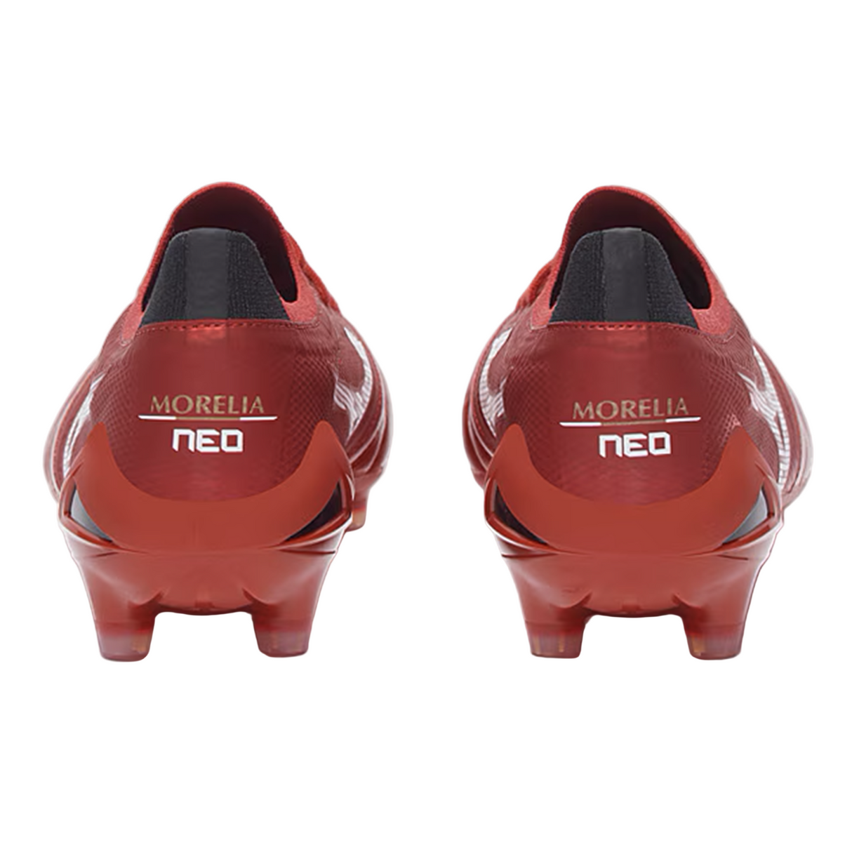 Rear view of Mizuno Morelia Neo IV Beta Elite FG - Morelia 40th Anniversary Red/White/Black soccer boots, with the Mizuno brand and model name displayed on the heels.