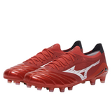Celebrate 40 years with the Mizuno Morelia Neo IV Beta Elite FG—red/white/black firm ground boots featuring premium kangaroo leather, textured uppers, white logos, and molded studs for top-tier touch and comfort.