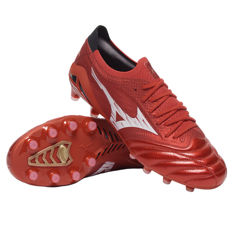 A pair of Mizuno Morelia Neo IV Beta Elite FG soccer cleats in 40th Anniversary Red/White/Black—premium kangaroo leather firm ground boots, with one shoe upright and the other showing the sole and stud pattern.