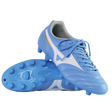 A pair of Mizuno Morelia II Club FG boots in Celeste/White/MP Gold, featuring molded studs; one shoe is upright while the other lies on its side to showcase the sole.