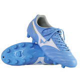 A pair of Mizuno Morelia II Club FG boots in Celeste/White/MP Gold, featuring molded studs; one shoe is upright while the other lies on its side to showcase the sole.
