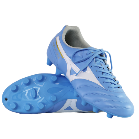 A pair of Mizuno Morelia II Club FG boots in Celeste/White/MP Gold, featuring molded studs; one shoe is upright while the other lies on its side to showcase the sole.