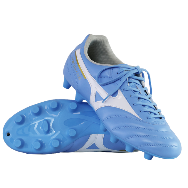 A pair of Mizuno Morelia II Club FG boots in Celeste/White/MP Gold, featuring molded studs; one shoe is upright while the other lies on its side to showcase the sole.