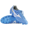 A pair of Mizuno Morelia II Club FG boots in Celeste/White/MP Gold, featuring molded studs; one shoe is upright while the other lies on its side to showcase the sole.