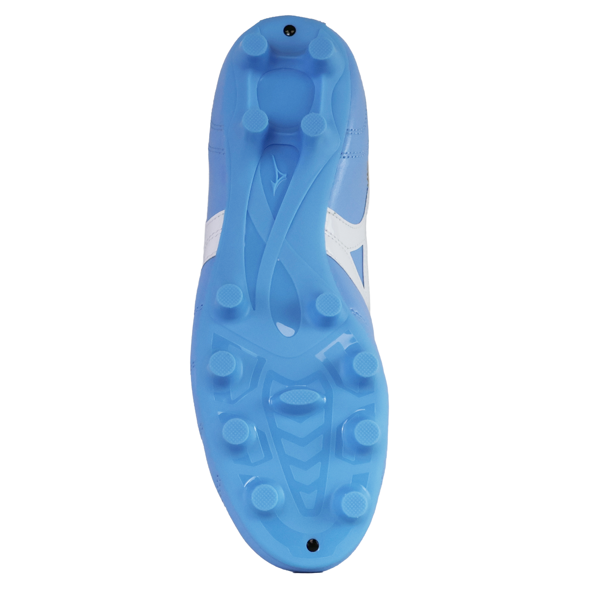 Bottom view of the Mizuno Morelia II Club FG in Celeste/White/MP Gold, featuring molded studs for optimal traction on firm ground.