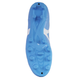 Bottom view of the Mizuno Morelia II Club FG in Celeste/White/MP Gold, featuring molded studs for optimal traction on firm ground.