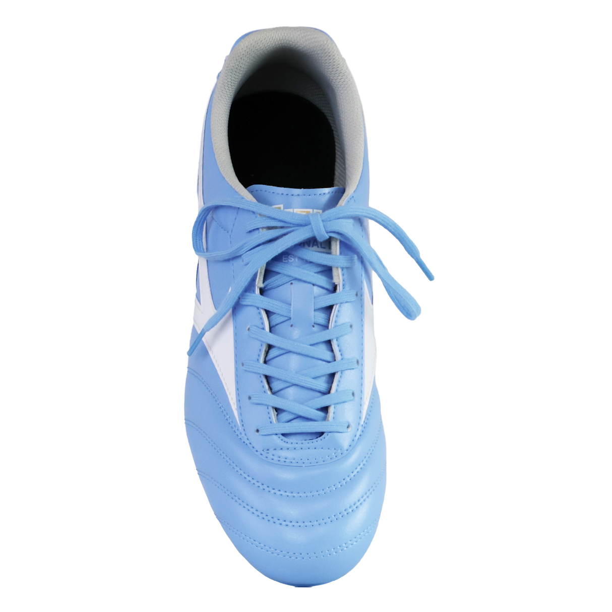 The Mizuno Morelia II Club FG soccer cleat in Celeste/White/MP Gold, designed for firm ground performance, is shown from above against a plain white background.