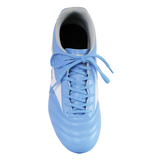 The Mizuno Morelia II Club FG soccer cleat in Celeste/White/MP Gold, designed for firm ground performance, is shown from above against a plain white background.