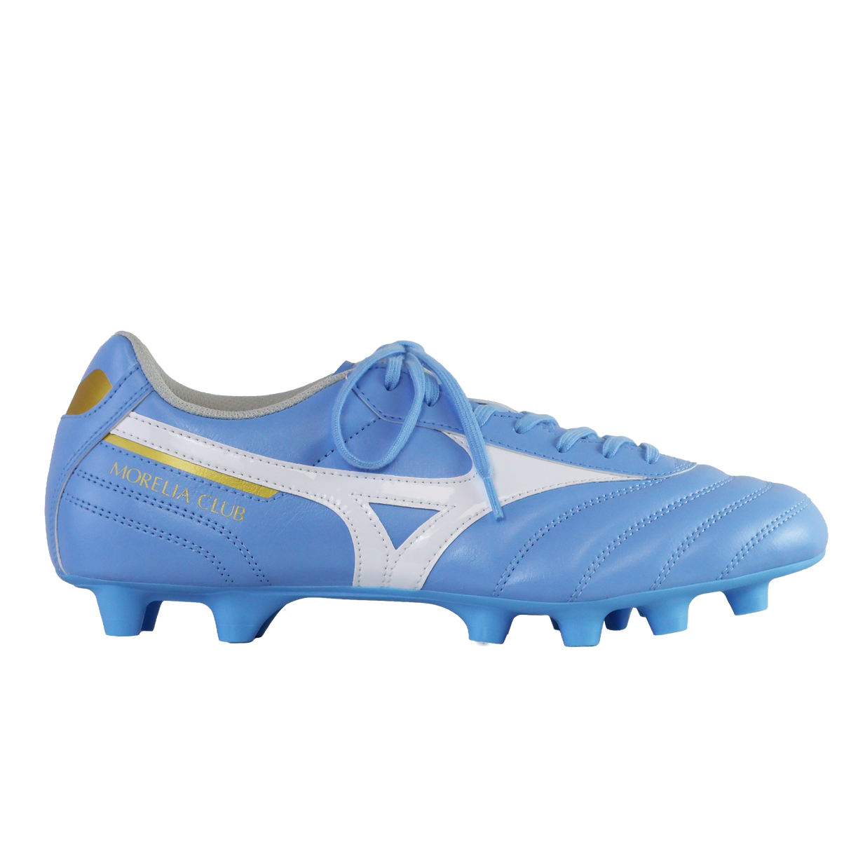 The Mizuno Morelia II Club FG in Celeste/White/MP Gold features laces and molded studs for traction—ideal firm ground soccer cleats from Mizuno designed for agile play.