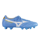 The Mizuno Morelia II Club FG in Celeste/White/MP Gold features laces and molded studs for traction—ideal firm ground soccer cleats from Mizuno designed for agile play.
