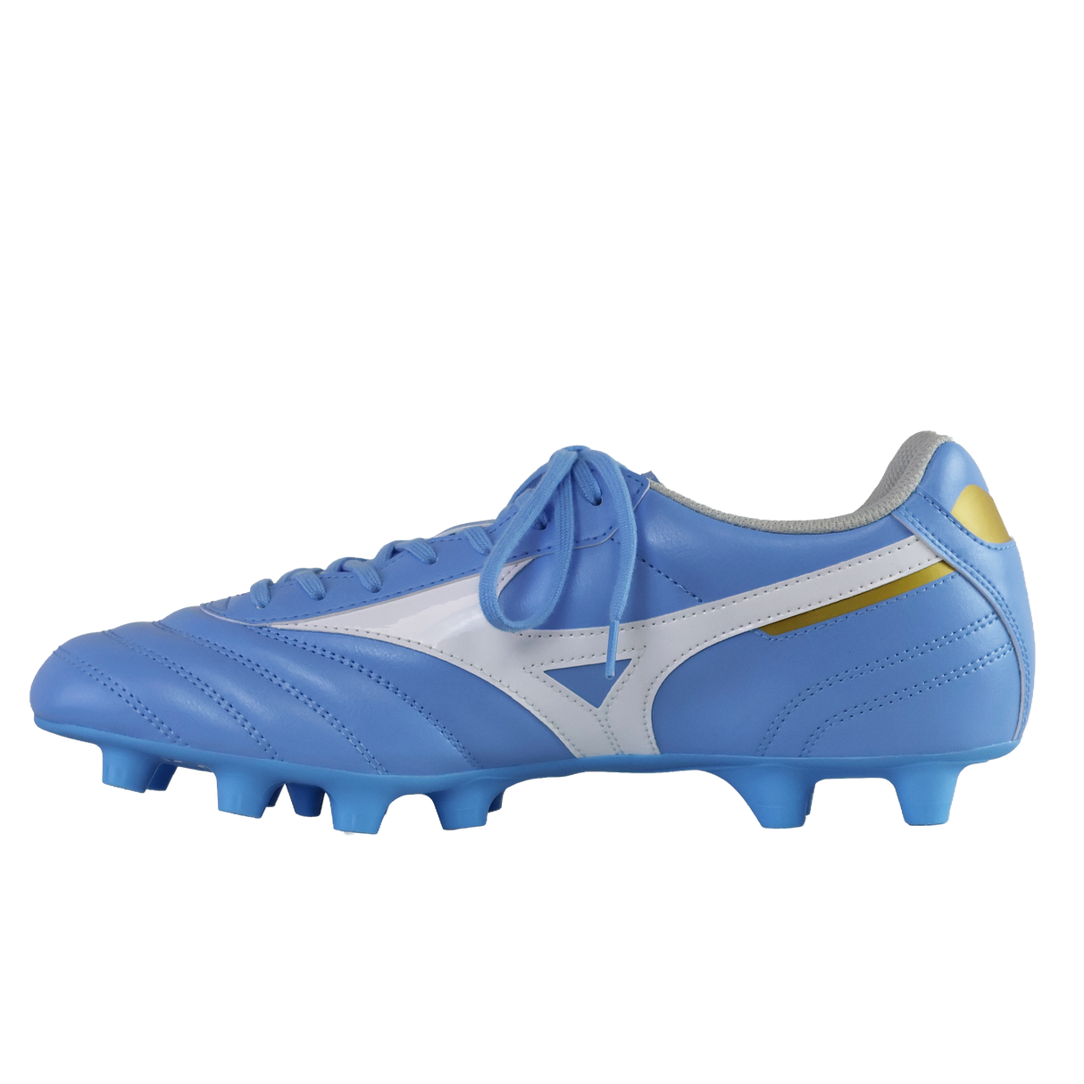 The Mizuno Morelia II Club FG in Celeste/White/MP Gold features studded soles for firm ground traction, shown from the side on a plain background—ideal for players seeking classic style and performance.