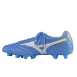 The Mizuno Morelia II Club FG in Celeste/White/MP Gold features studded soles for firm ground traction, shown from the side on a plain background—ideal for players seeking classic style and performance.