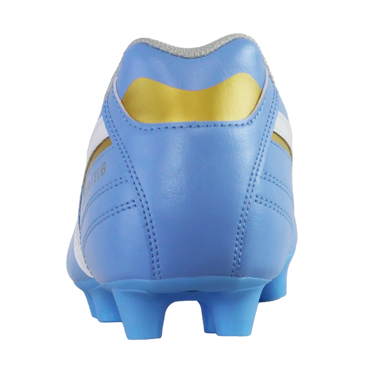 A close-up rear view of the Mizuno Morelia II Club FG soccer cleat in Celeste/White/MP Gold, showing its classic firm ground boot design, by Mizuno, on a plain white background.