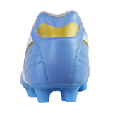 A close-up rear view of the Mizuno Morelia II Club FG soccer cleat in Celeste/White/MP Gold, showing its classic firm ground boot design, by Mizuno, on a plain white background.