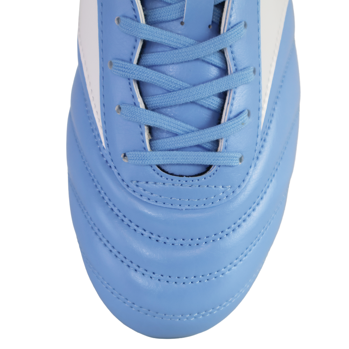 Close-up of the toe and laces of the Mizuno Morelia II Club FG rugby boot in Celeste/White/MP Gold, highlighting stitching and texture details.