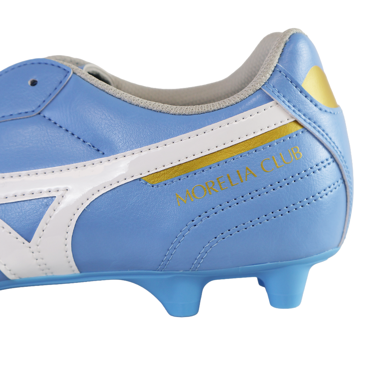 Close-up of the Mizuno Morelia II Club FG soccer cleat in Celeste/White/MP Gold, featuring "MORELIA CLUB" on the side—an ideal choice from Mizuno for firm ground play.