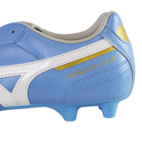 Close-up of the Mizuno Morelia II Club FG soccer cleat in Celeste/White/MP Gold, featuring "MORELIA CLUB" on the side—an ideal choice from Mizuno for firm ground play.