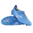 A pair of Mizuno Morelia Neo IV Elite FG soccer cleats in Celeste/White/Ultramarine, featuring molded studs and kangaroo leather forefoot—one upright, one on its side—displayed on a plain white background.