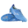 A pair of Mizuno Morelia Neo IV Elite FG soccer cleats in Celeste/White/Ultramarine, featuring molded studs and kangaroo leather forefoot—one upright, one on its side—displayed on a plain white background.