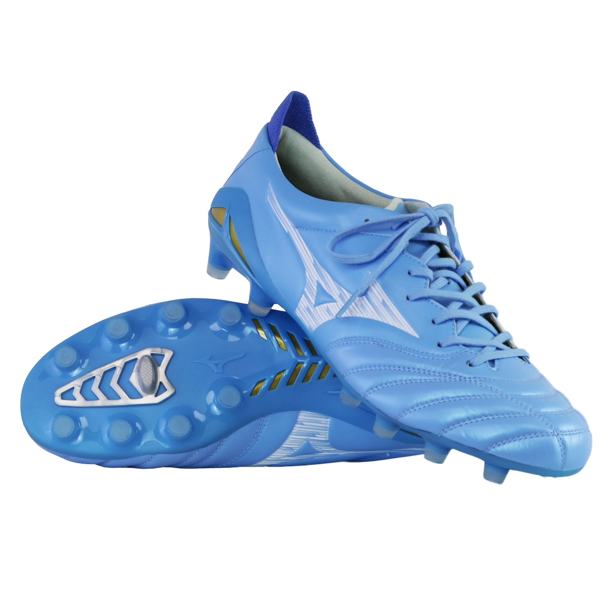 A pair of Mizuno Morelia Neo IV Elite FG soccer cleats in Celeste/White/Ultramarine, featuring molded studs and kangaroo leather forefoot—one upright, one on its side—displayed on a plain white background.